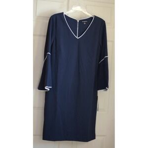 NEW Sharagano Navy Blue/Ivory sz 14 Womans 3/4 sleeve knee length Dress Stretch!